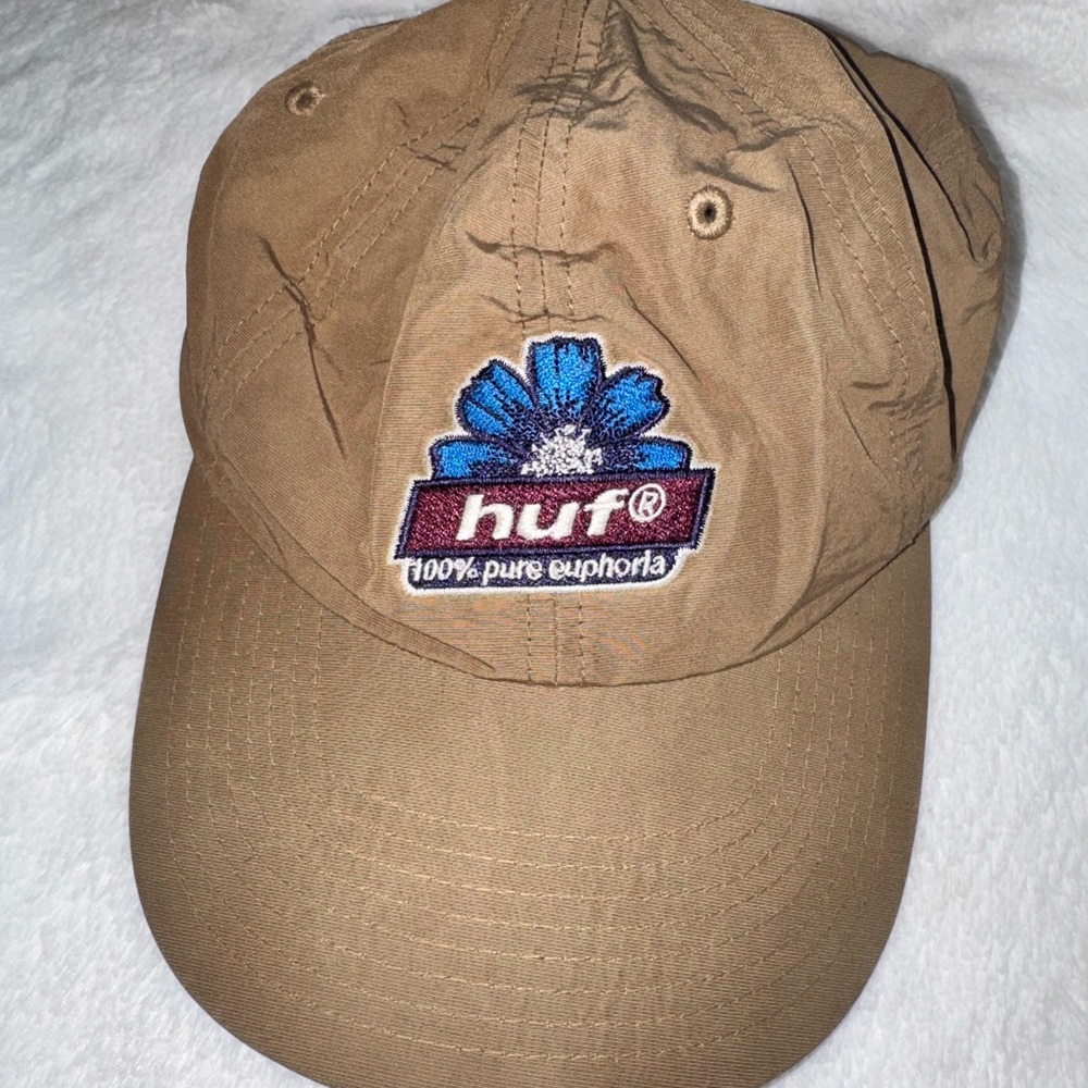 HUF Khaki Cap with Vibrant Blue and Purple Logo